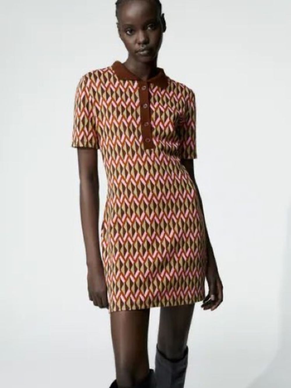ZARA Retro 70s Inspired Geometric Preppy Collared Bodycon Mini Dress Small